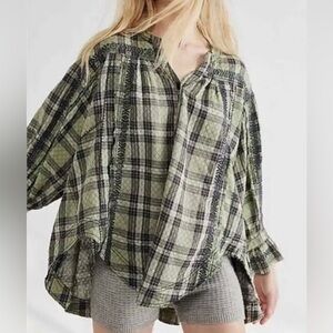 Free People Lou Top in Meadow Plaid Green Oversized Sz XS